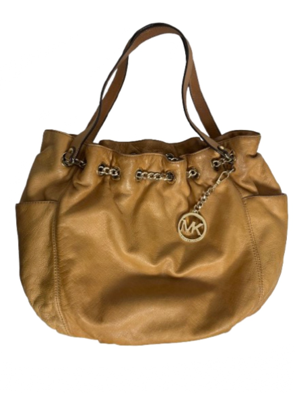 Michael Kors Camel Brown Leather Shoulder Tote with Gold MK Charm